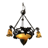 Imposant lustre contemporain de style art déco, pâte de verre et fer forgé
