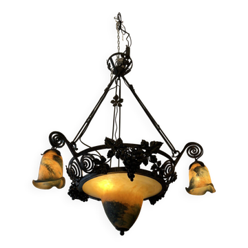 Imposing contemporary art deco style chandelier, glass paste and wrought iron