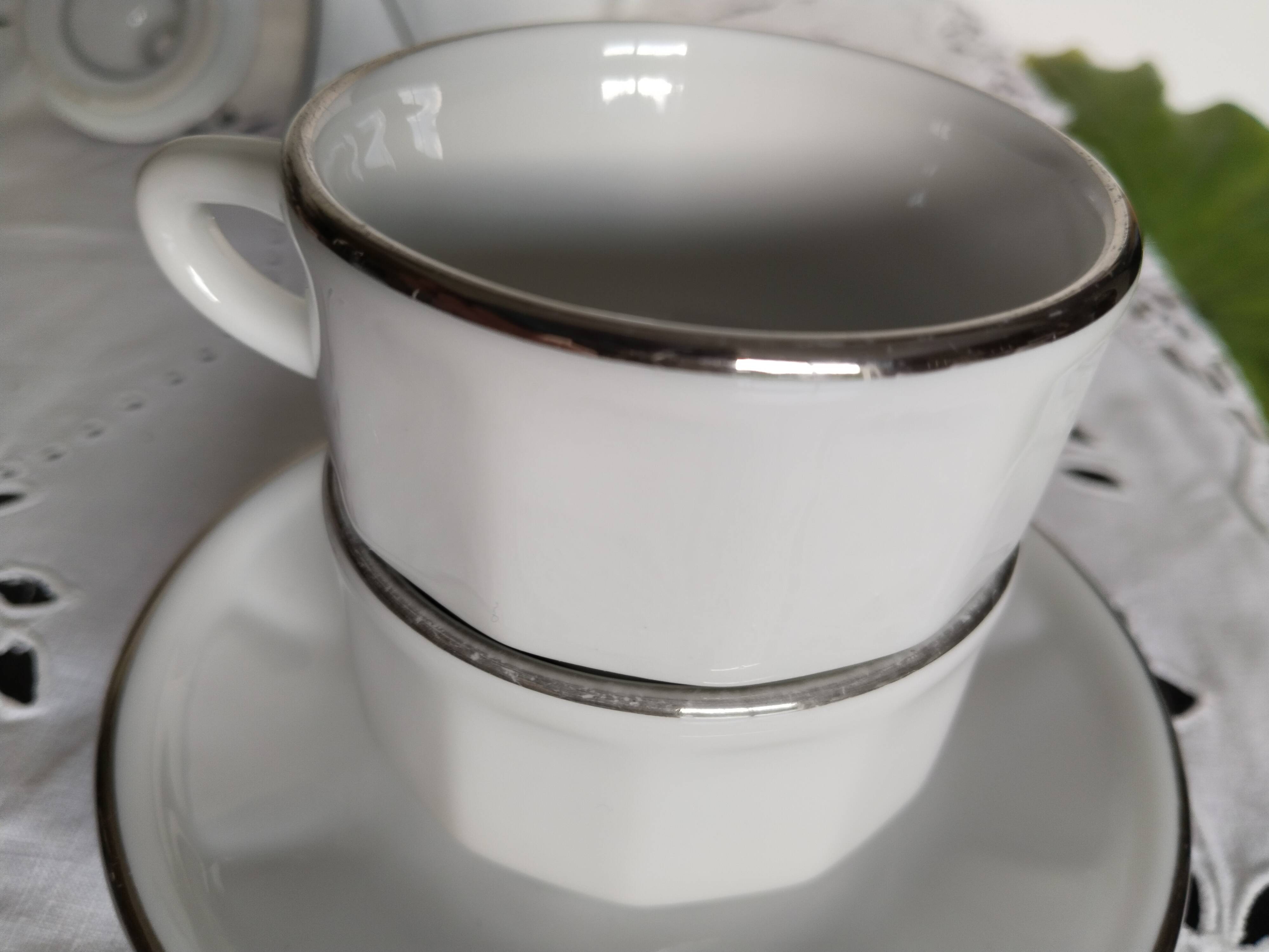 Apilco white and silver coffee maker and bistro cups, vintage French