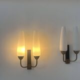 Pair of vintage double wall lights, brass and opaline, France 1950