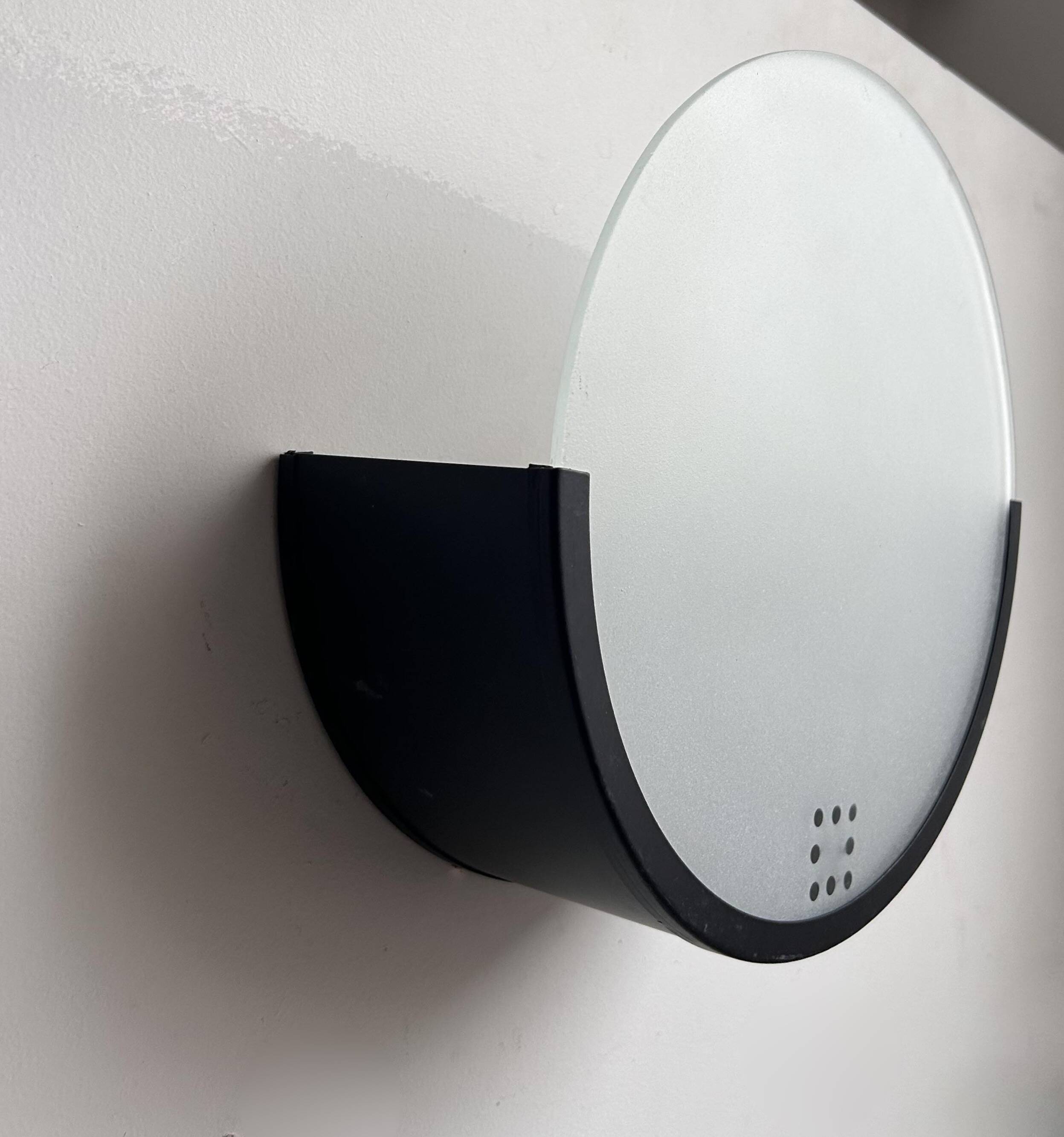 Pair of vintage geometric wall lights, black metal and sandblasted glass, Delmas France 1970