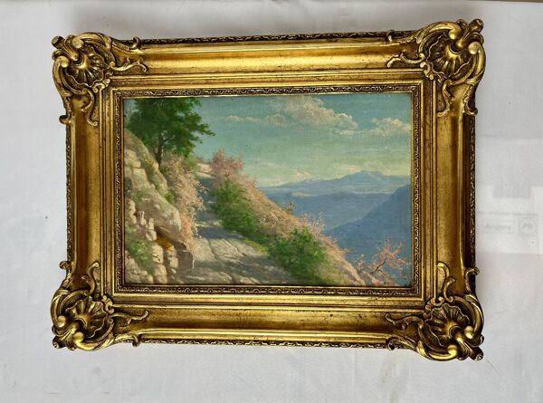 Huile sur panneau paysage encadrement style Louis XVI début XXème