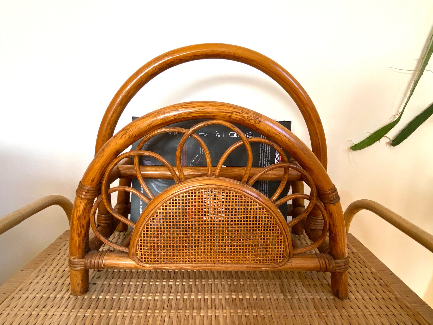Rattan and bamboo magazine holder from the 70s