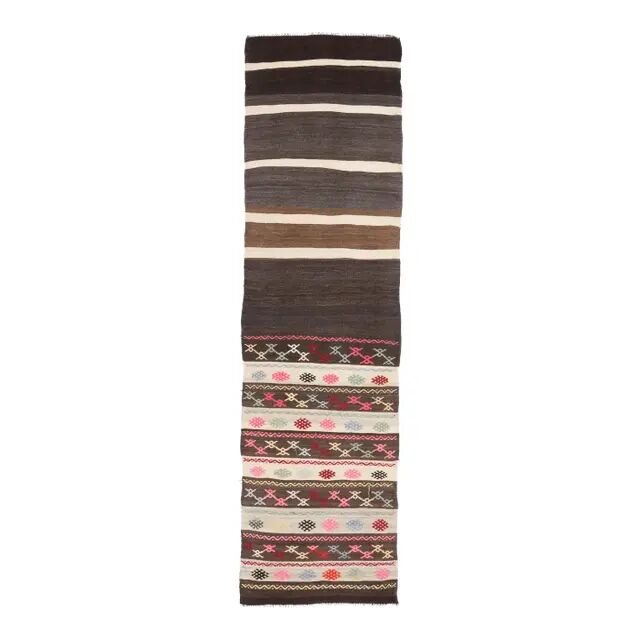 1970s Turkish Oushak Handmade Wool Cotton Brown Runner 65x243