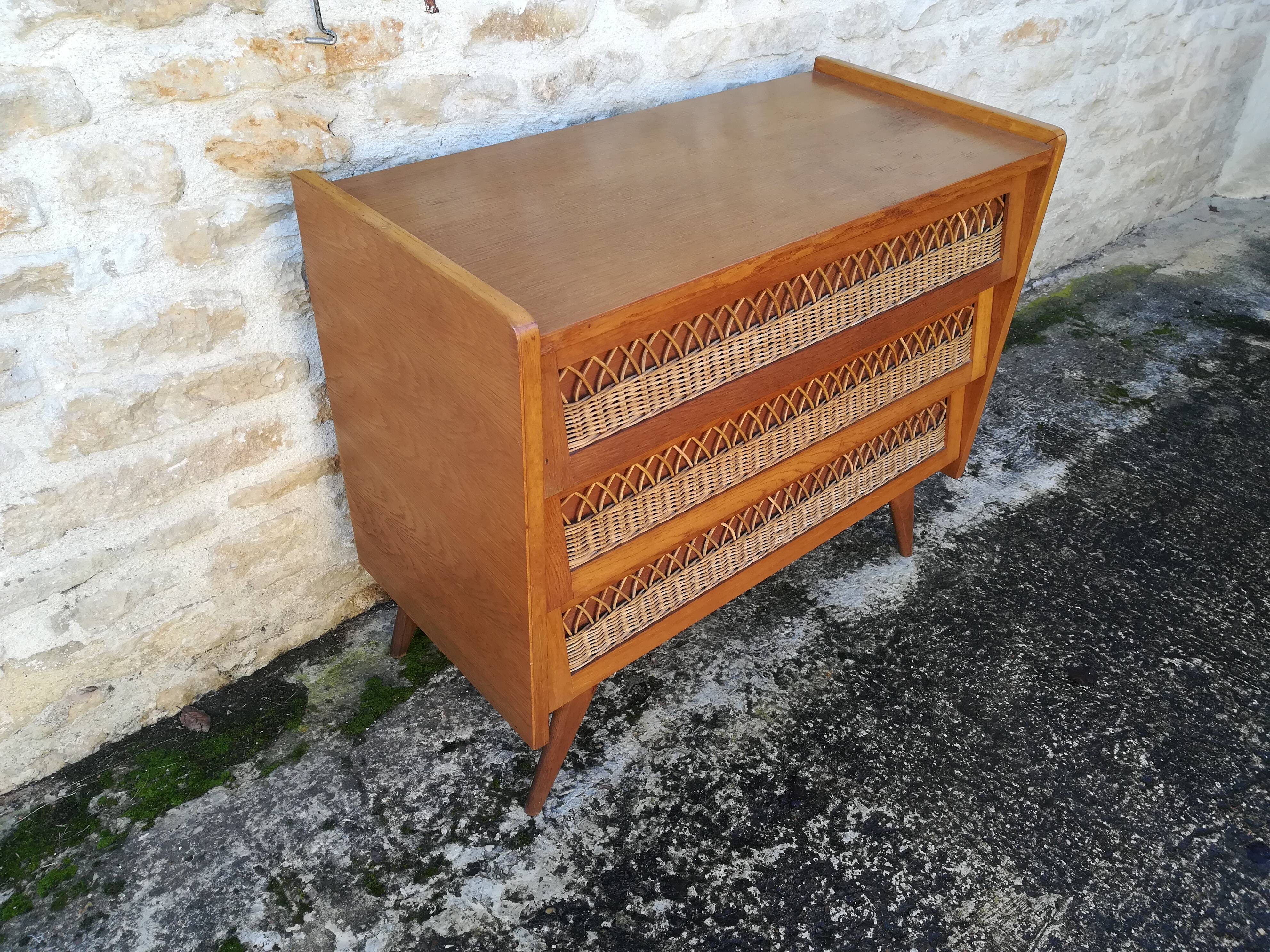 Vintage rattan and oak chest of drawers