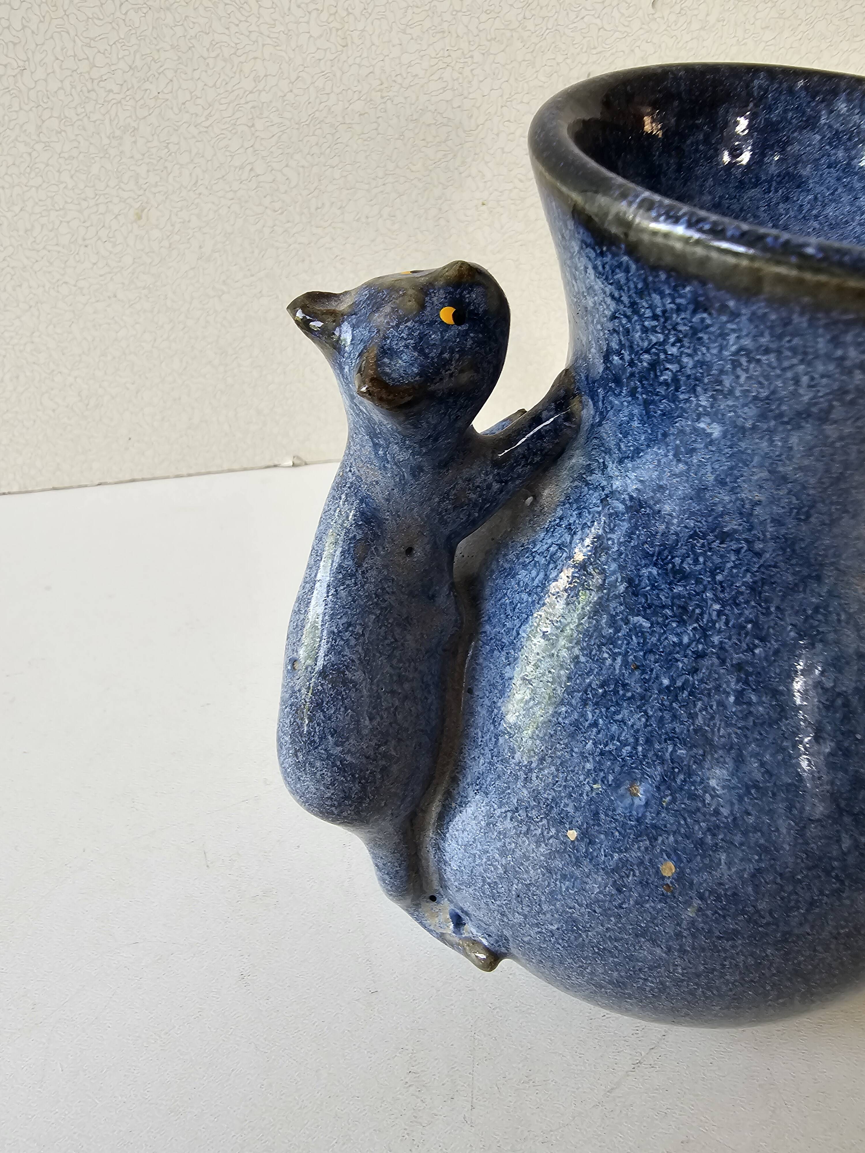 Blue ceramic cat vase signed Jean Louis Scouarnec