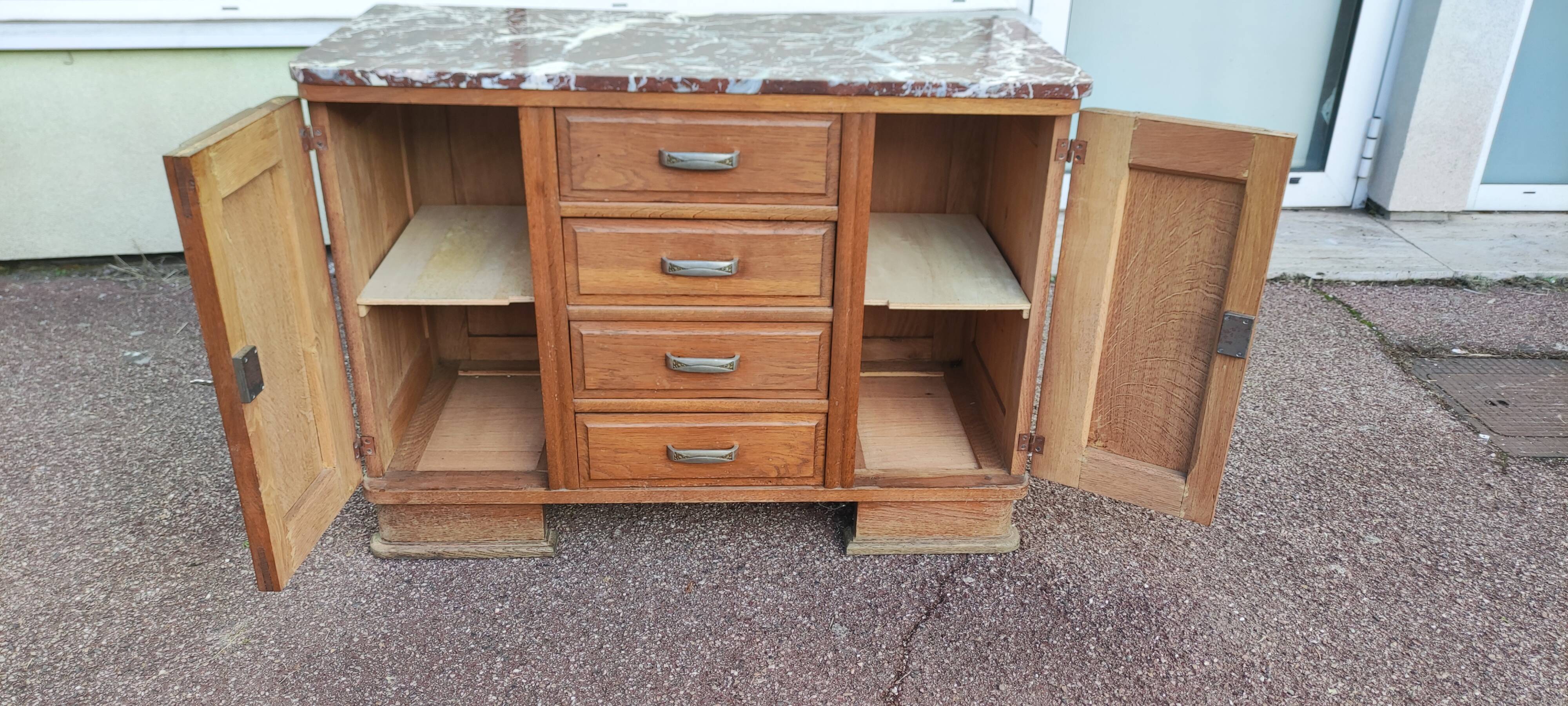 Small Buffet Commode Solid wood 4 drawer - Red marble - 1950