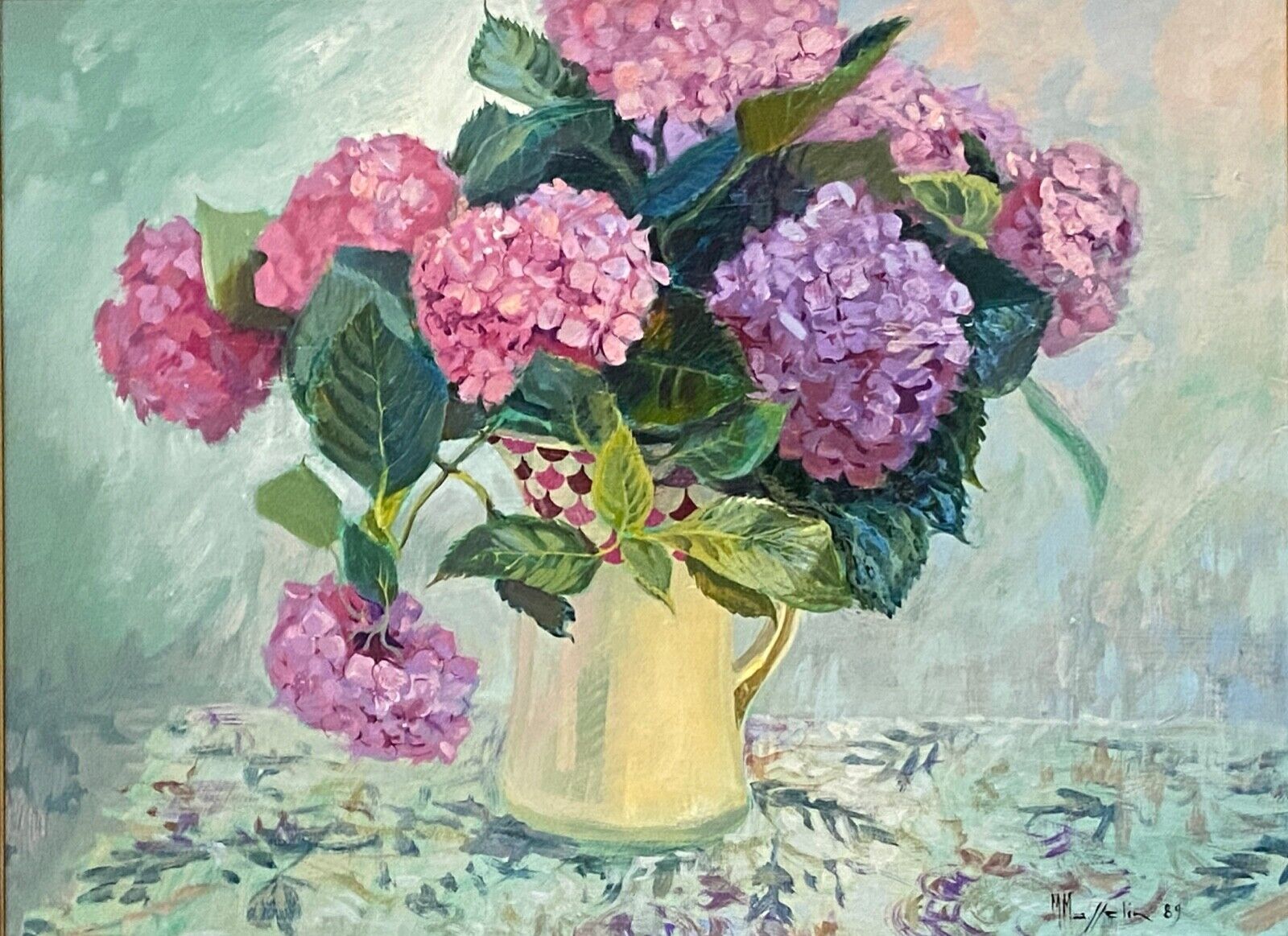 Huile sur toile par maurice masselin bouquet de fleurs d'hortensias 1989
