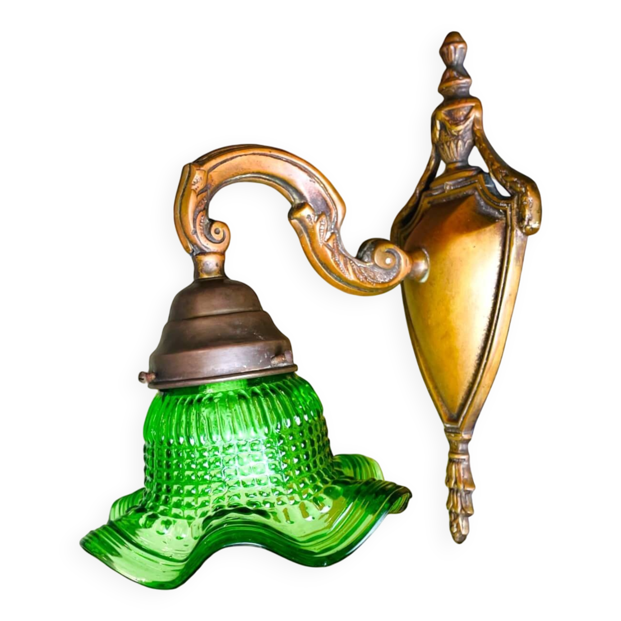 Green glass tulip brass wall sconce light