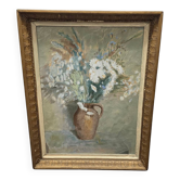 Nature morte de fleurs à l'huile et à l'aquarelle française, deuxième moitié des années 1800.