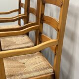 Set of 5 large French oak dining armchairs with rush seats, 1970s