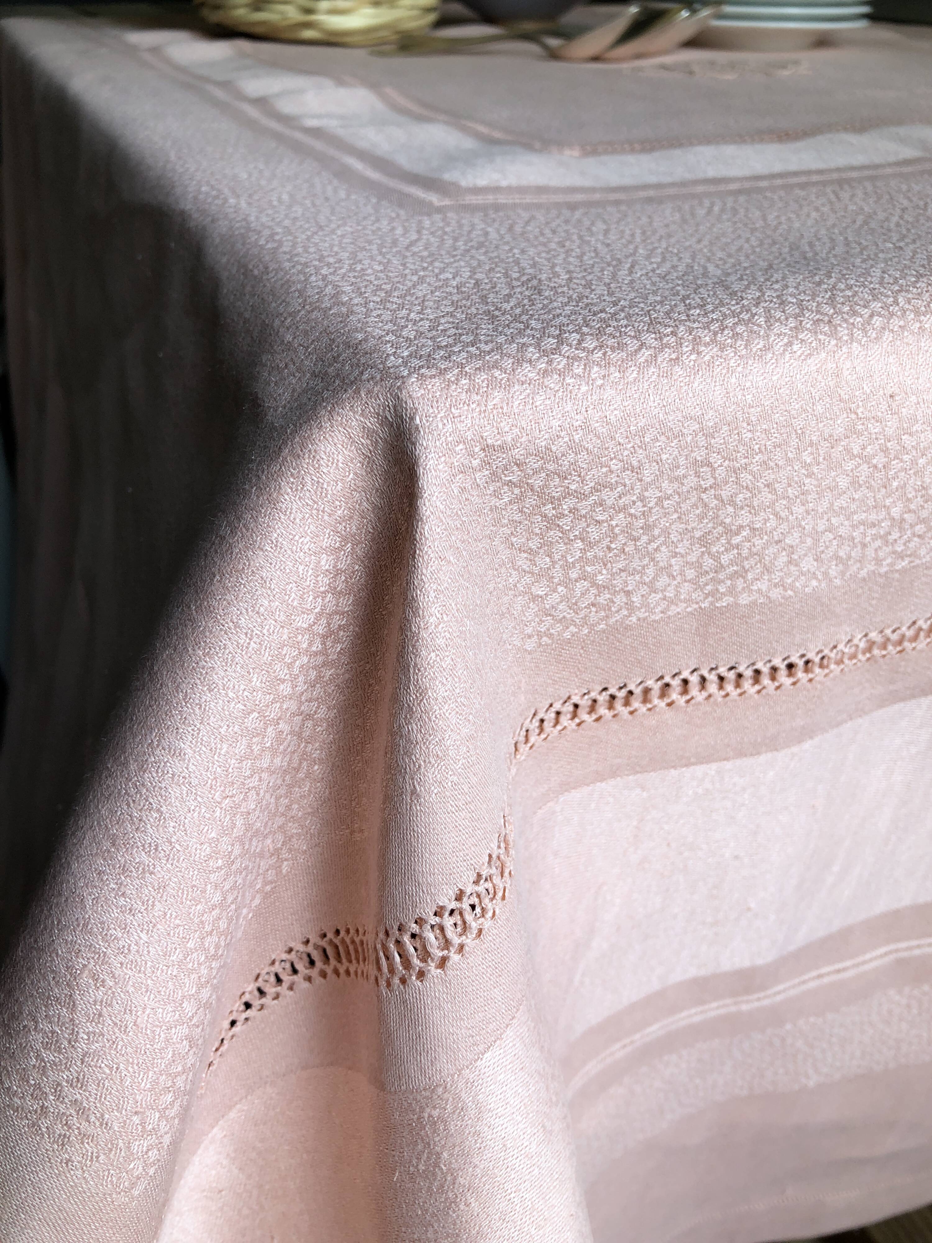 Old damsed tablecloth in linen and silk coral