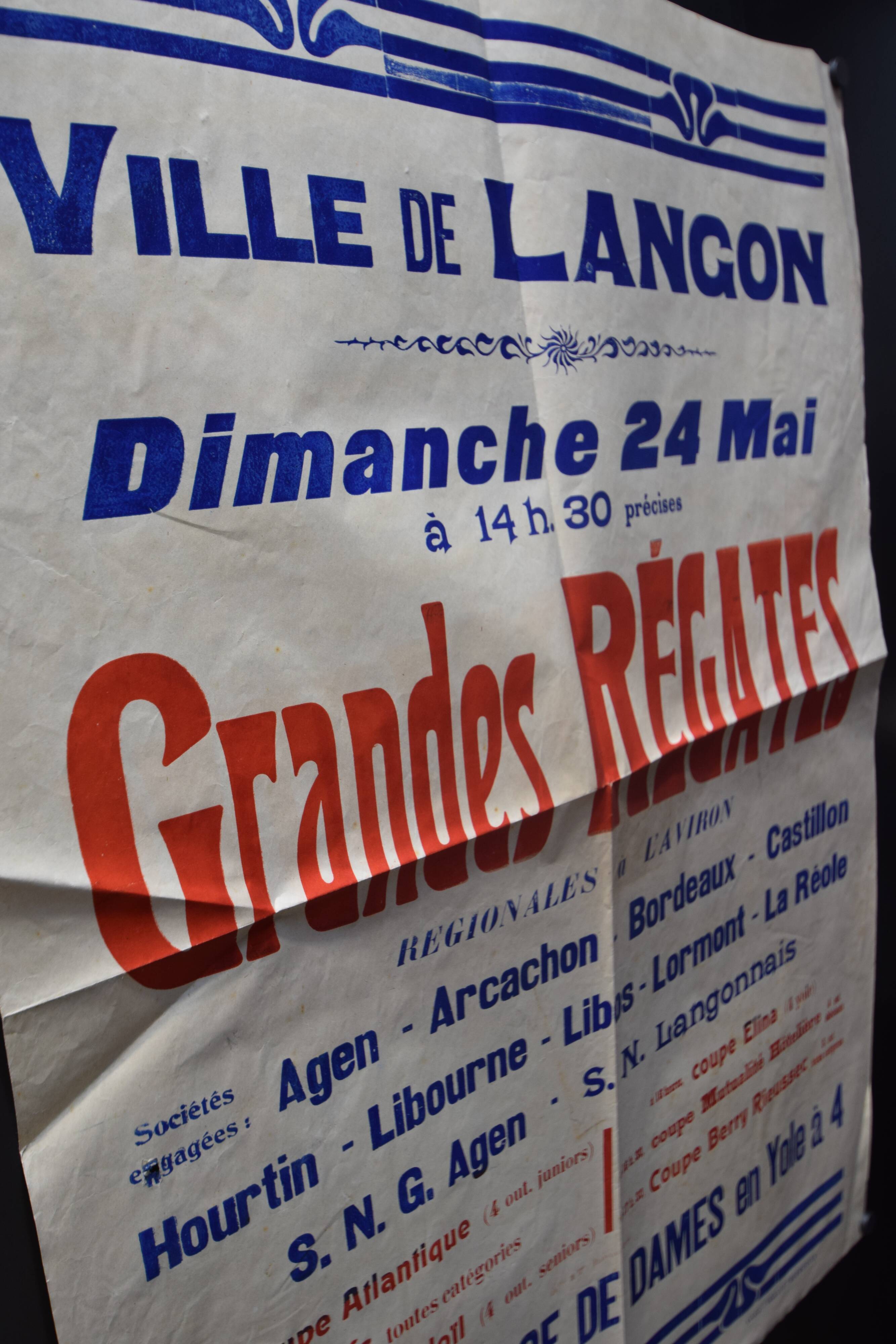 Poster "Great Regatta - Great Women's Race in Yole at 4" - City of Langon - 1937