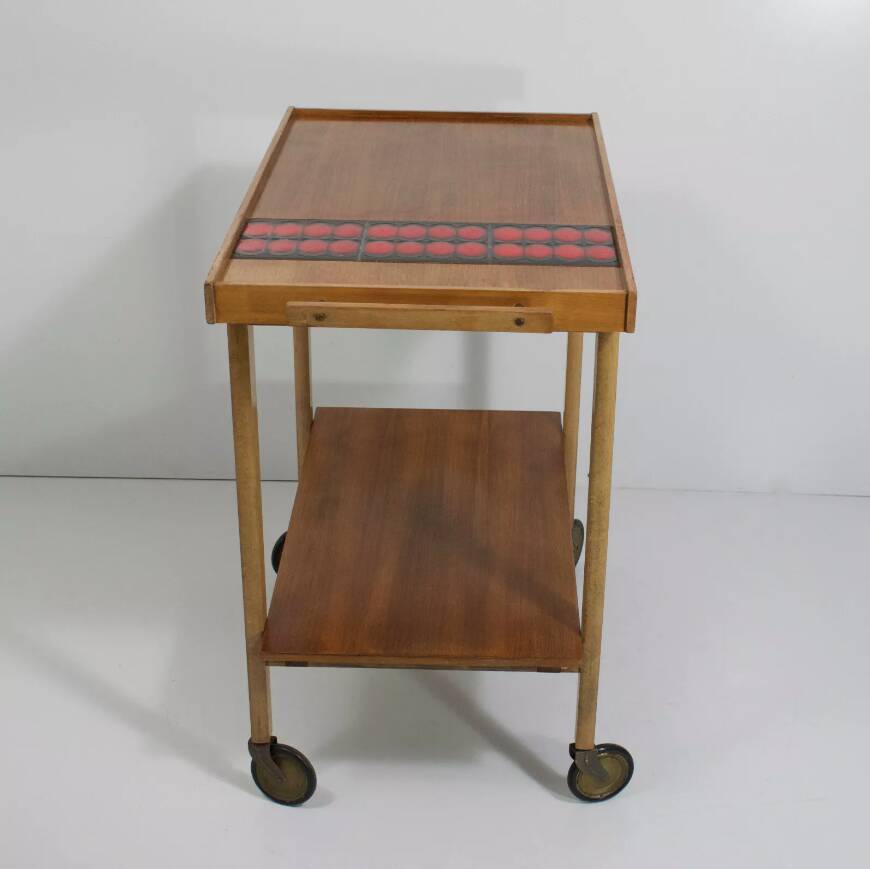 Vintage rolling bar or serving trolley, red ceramic, 1950s design
