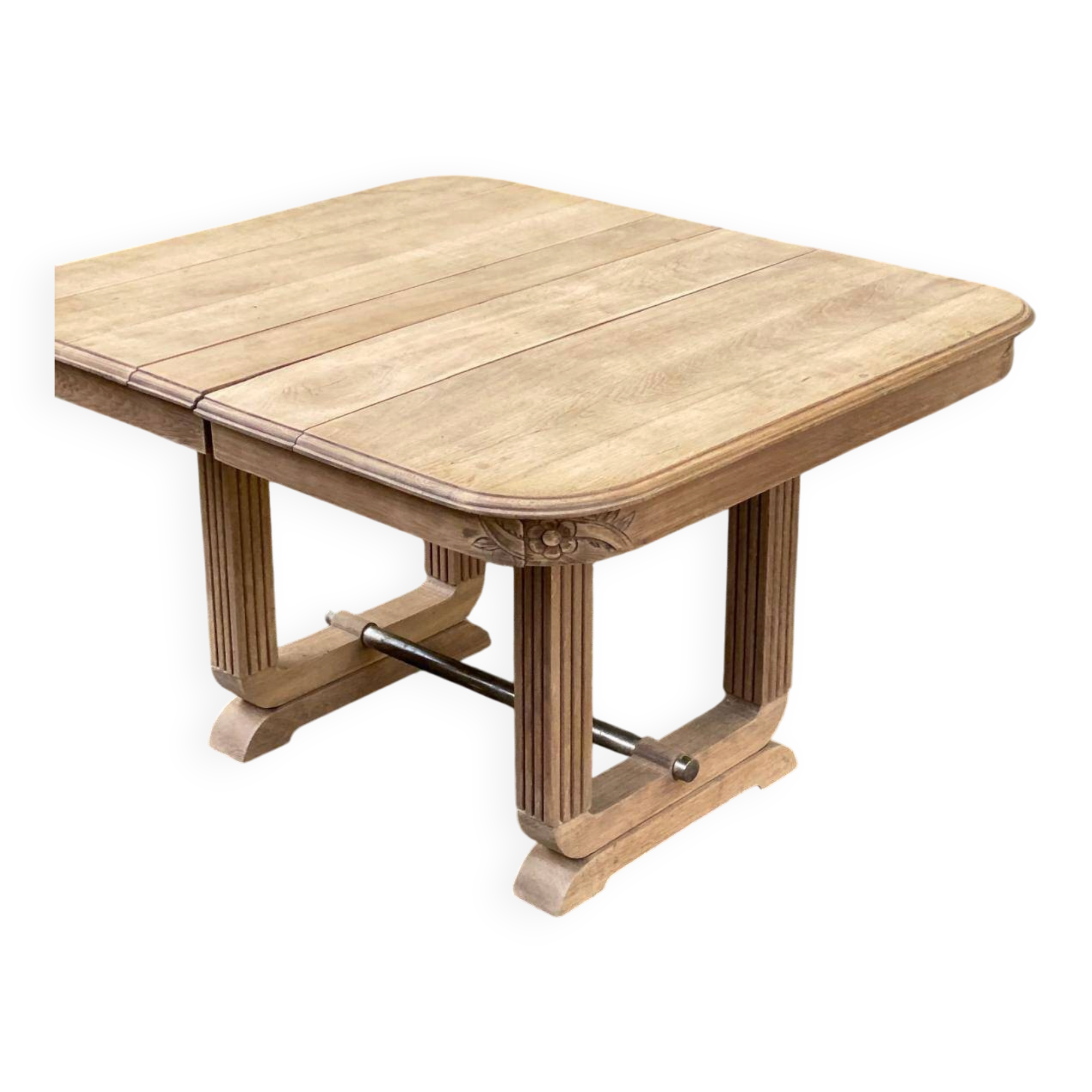 Rectangular Art Deco dining table with a central pedestal, stripped in solid oak.