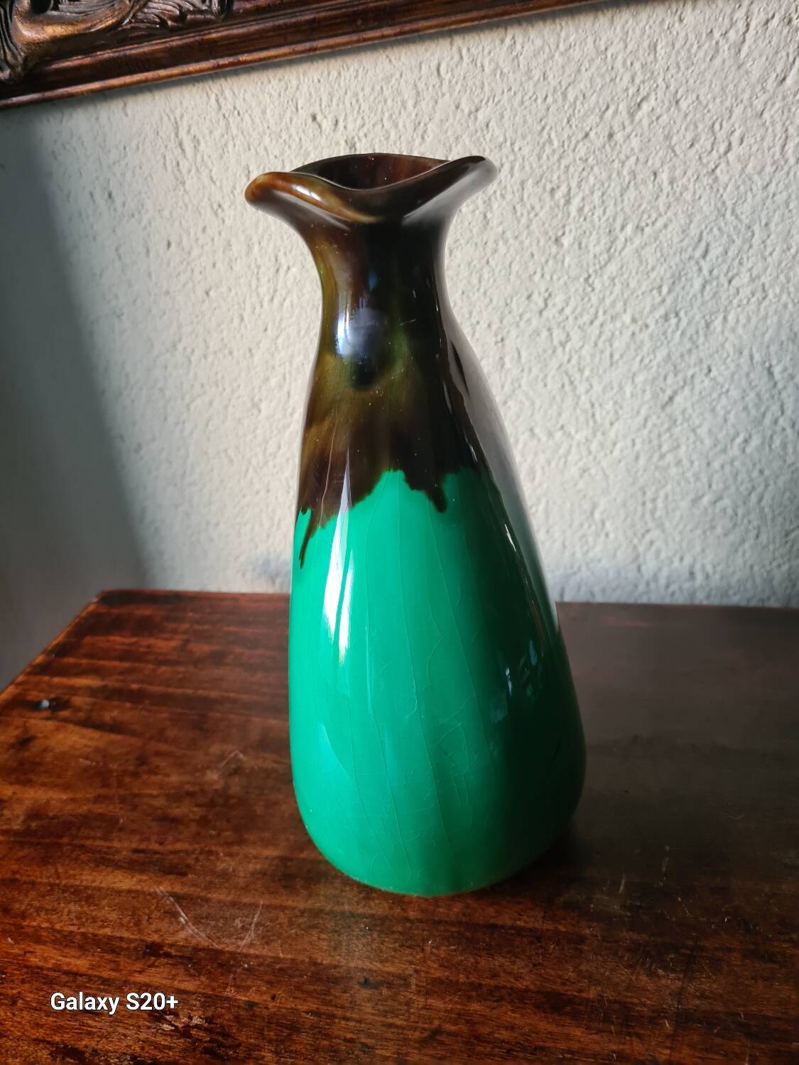 Green and brown ceramic vase