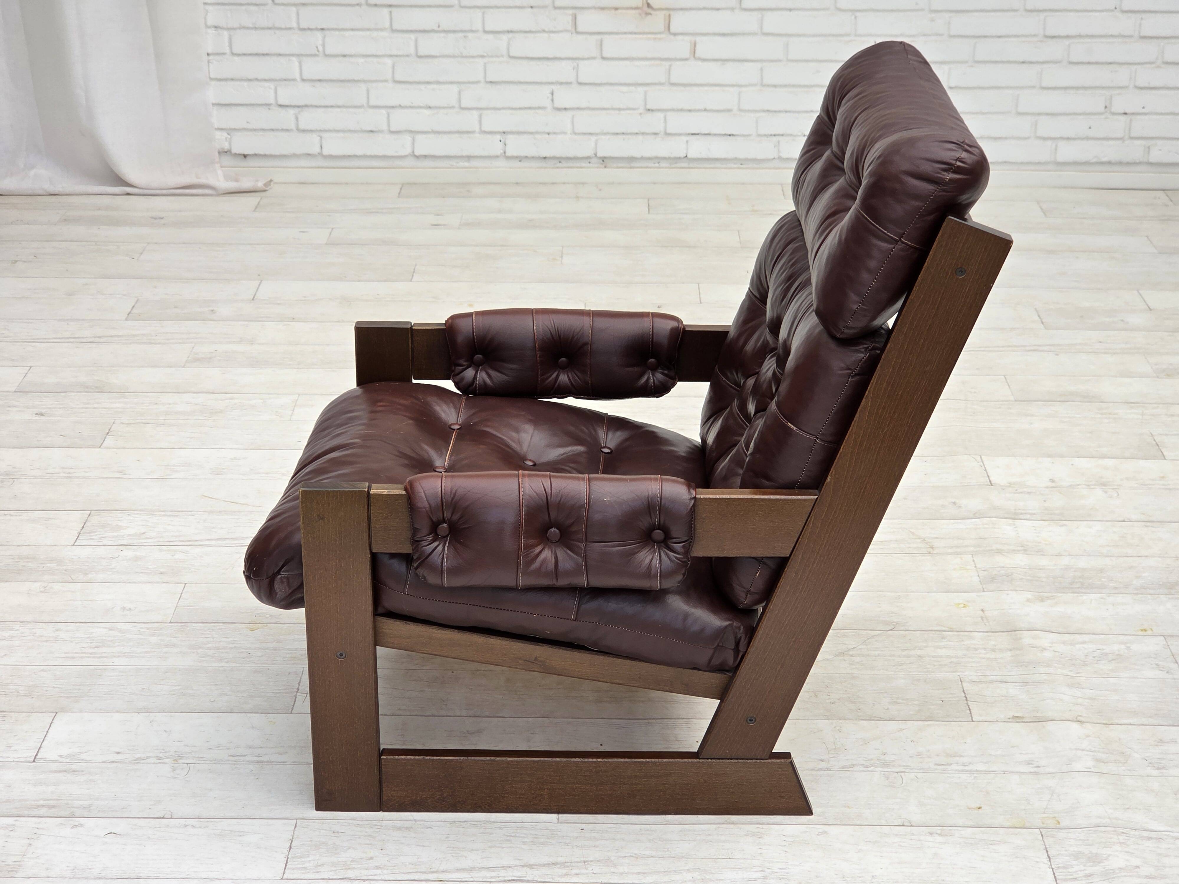 1970s, Scandinavian highback armchair, brown furniture leather, dark beech.