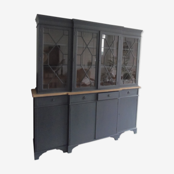 Slate grey china cabinet with wood interior