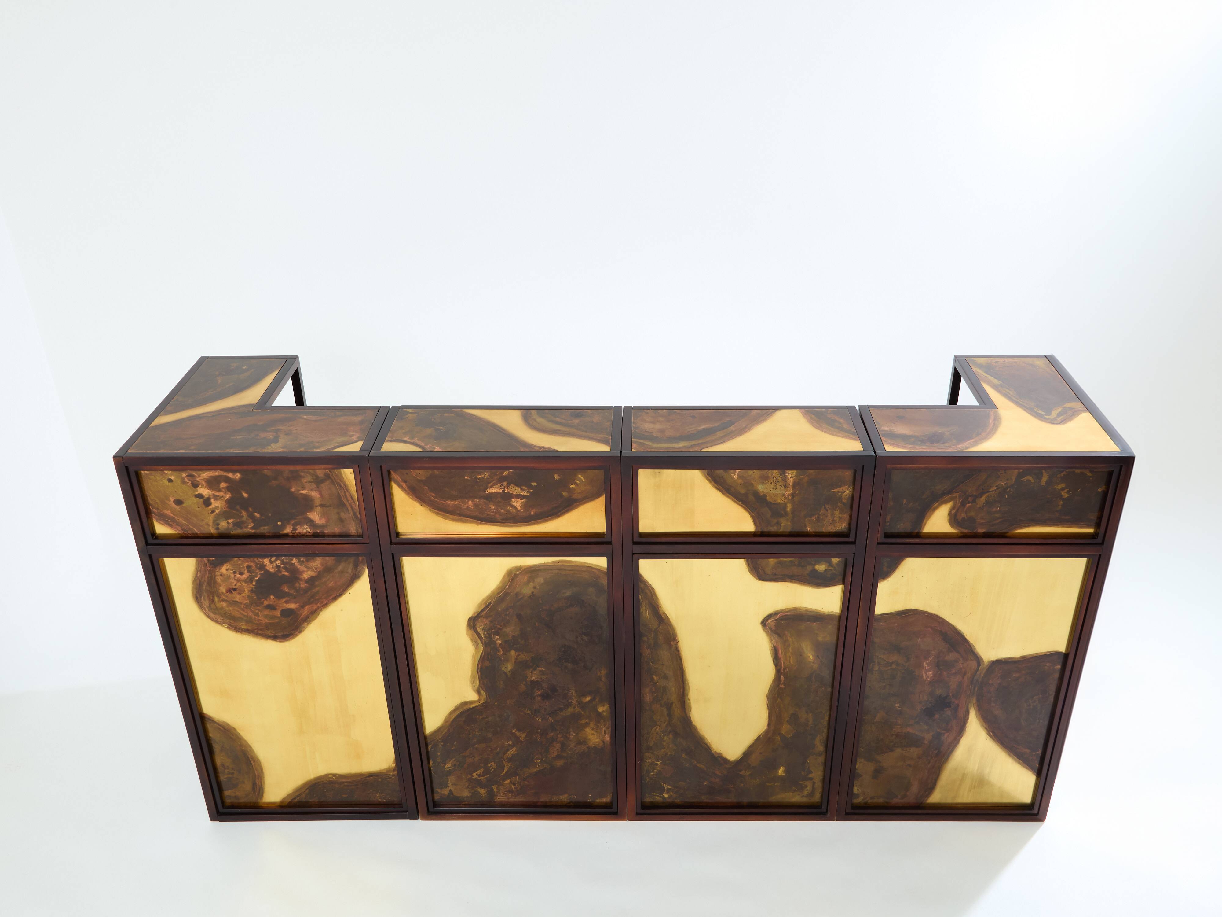 Large oxidized and patinated brass bar by Isabelle and Richard Faure 1970
