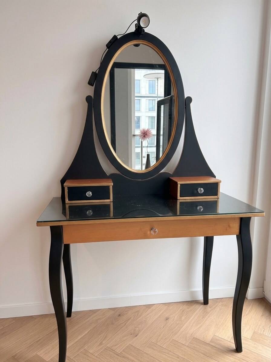 Coiffeuse avec miroir – Noir mat & or – LED – Très bon état