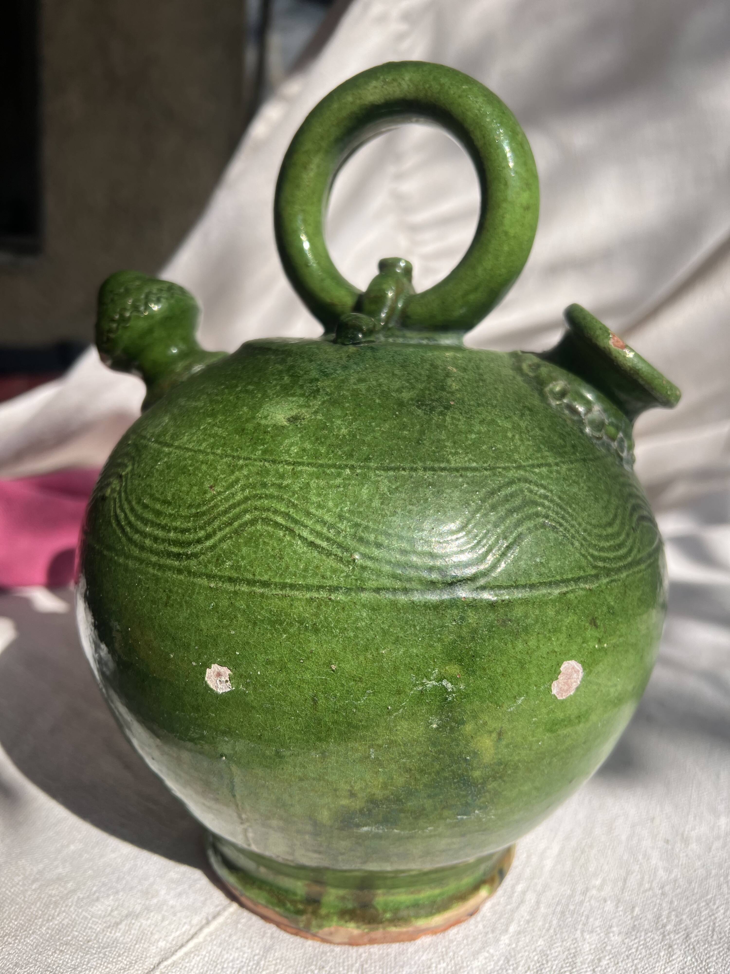French Antique 19th-Century Green-Glazed Ceramic Water Jug