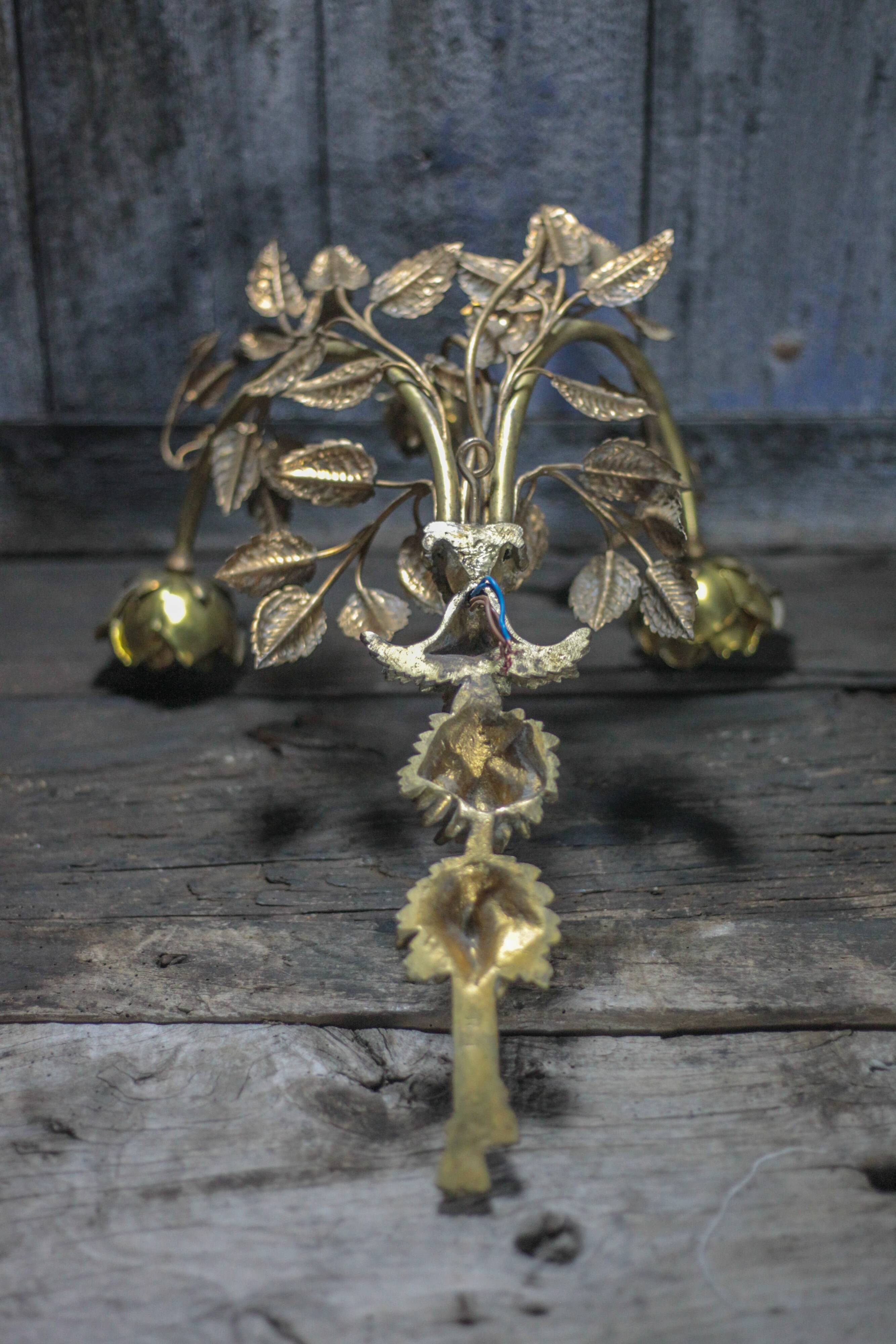 Pair of bronze and gold metal floral wall sconces, flower wall lamp.