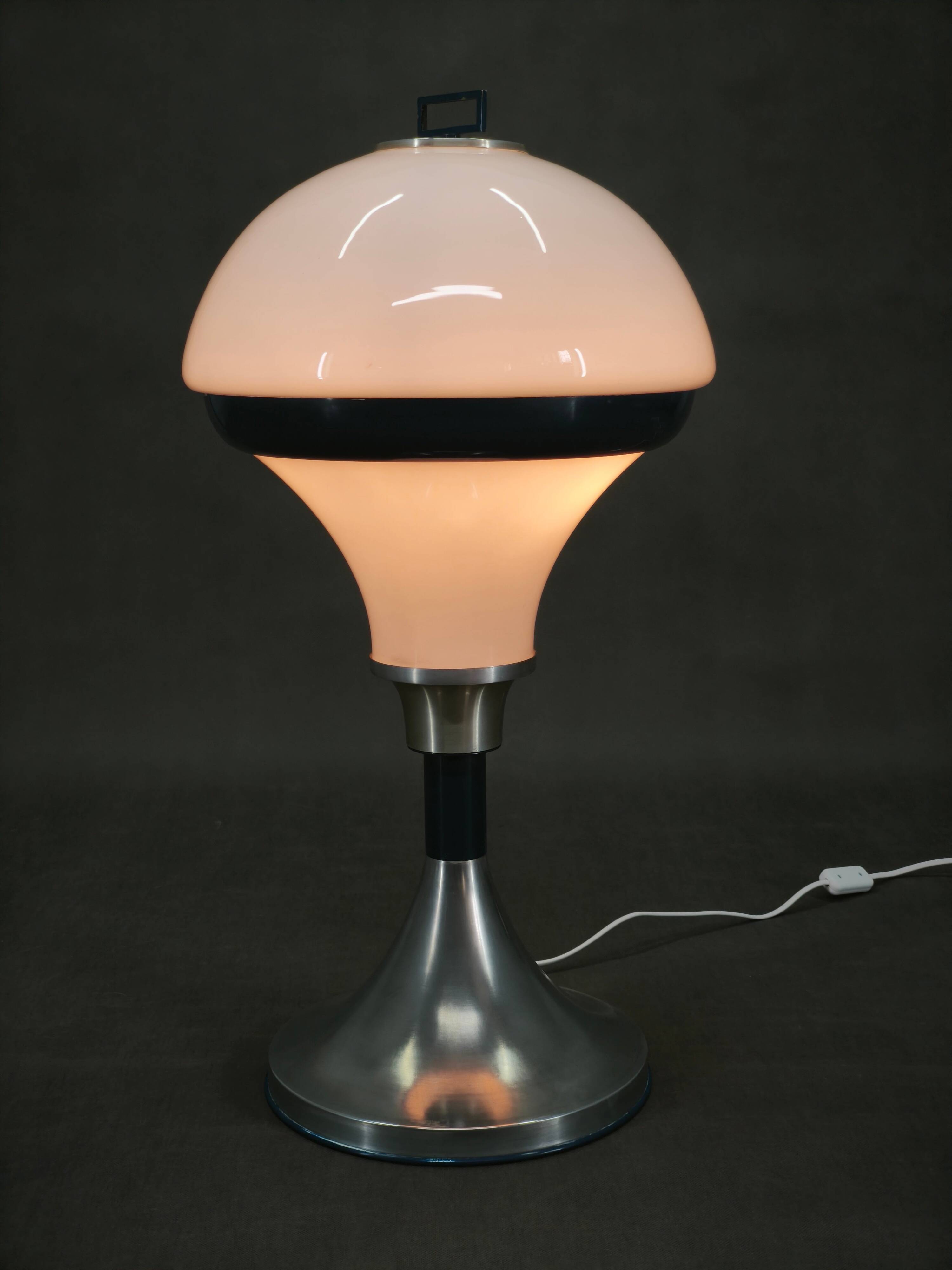 1970s Italian Space Age Opaline Glass and Blue Metal Table Lamp