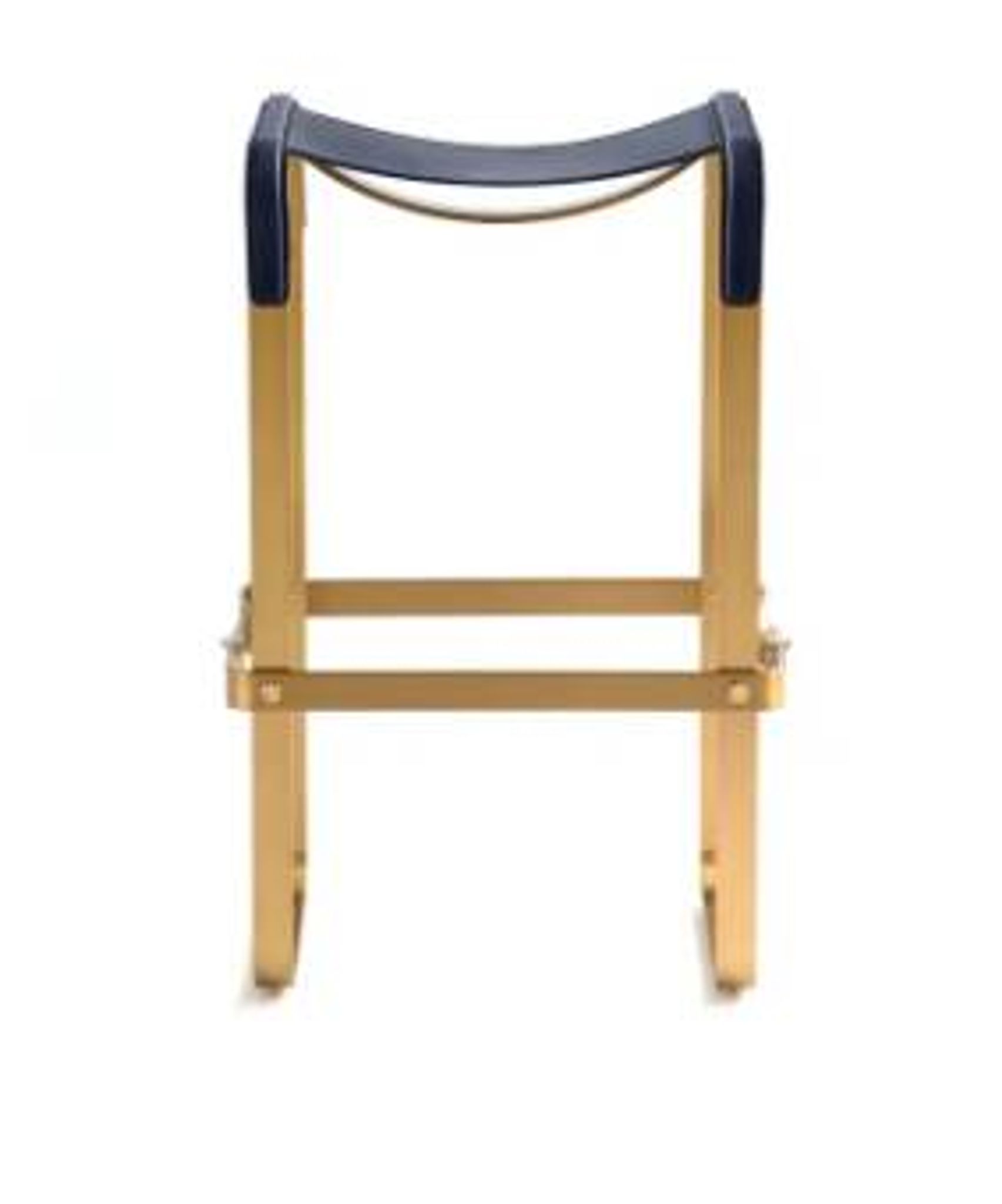 Contemporary kitchen bar stool in aged brass metal and navy blue leather.