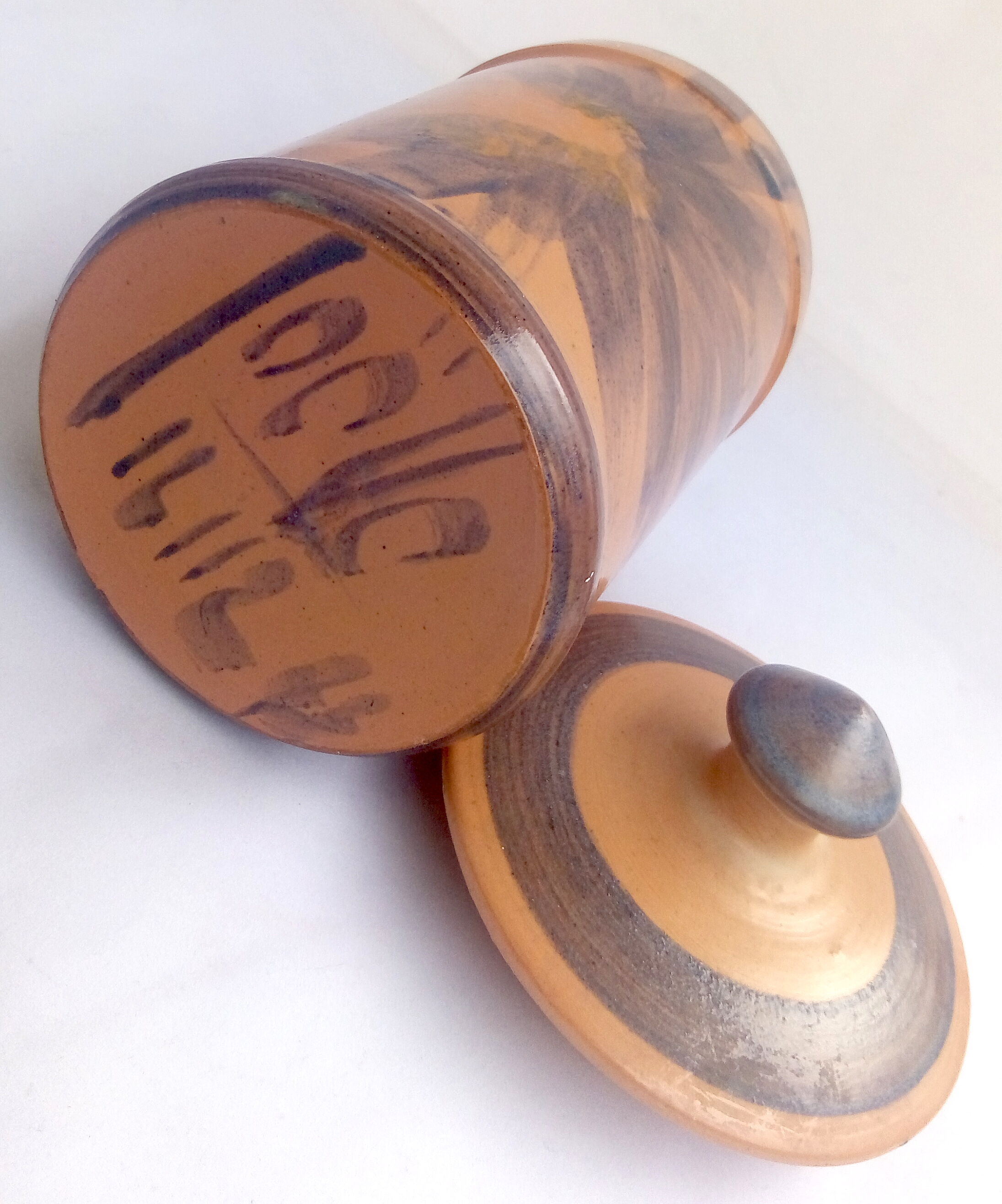 Terracotta ceramic pot with blue flowers