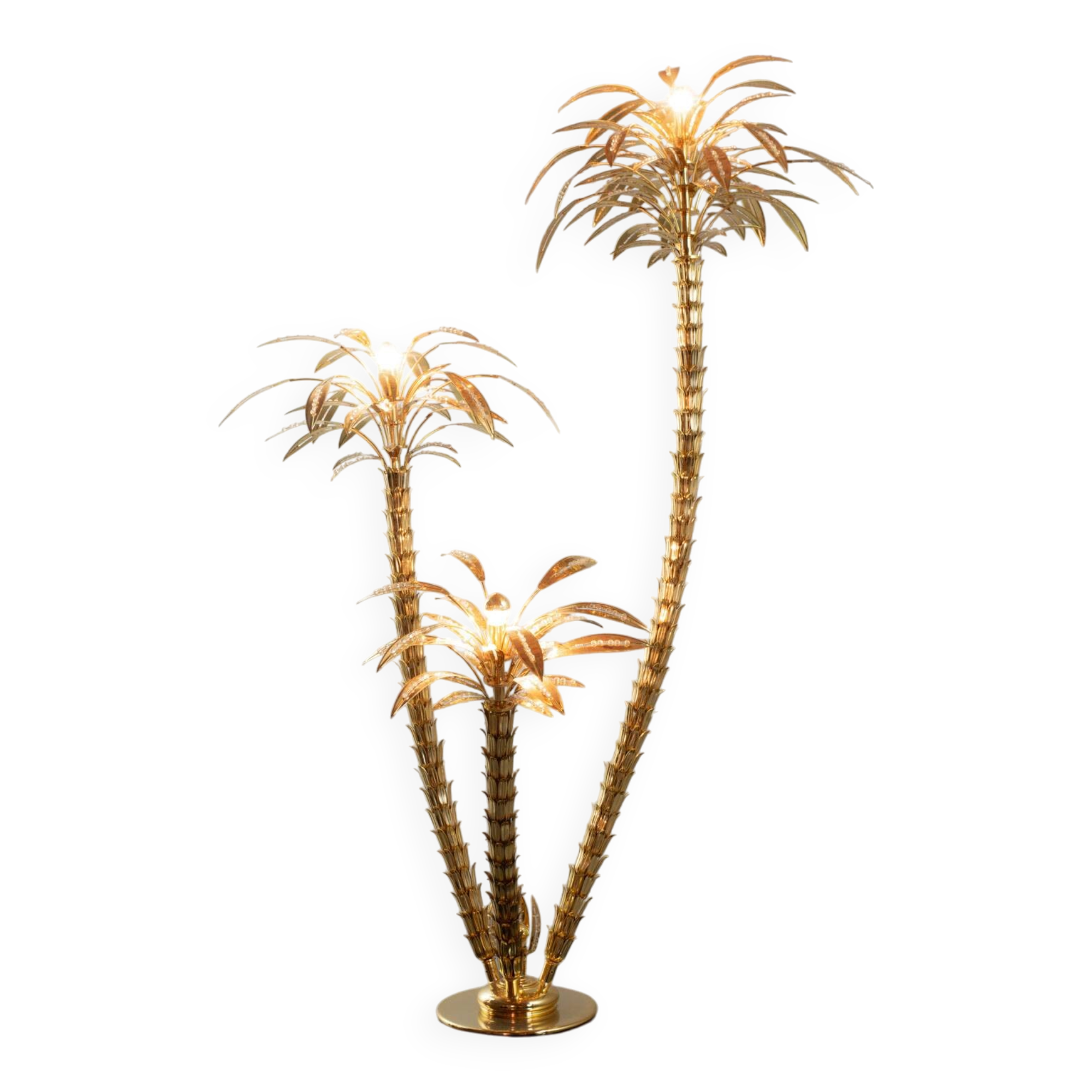 Exquisite Italian Golden Palm Tree Floor Lamp with 3 Sparkling Branches 70s
