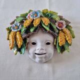 Vintage Italian ceramic wall mask, handmade, decorated with floral details