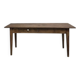 Solid pine farmhouse table, two drawers, fluted legs, France.