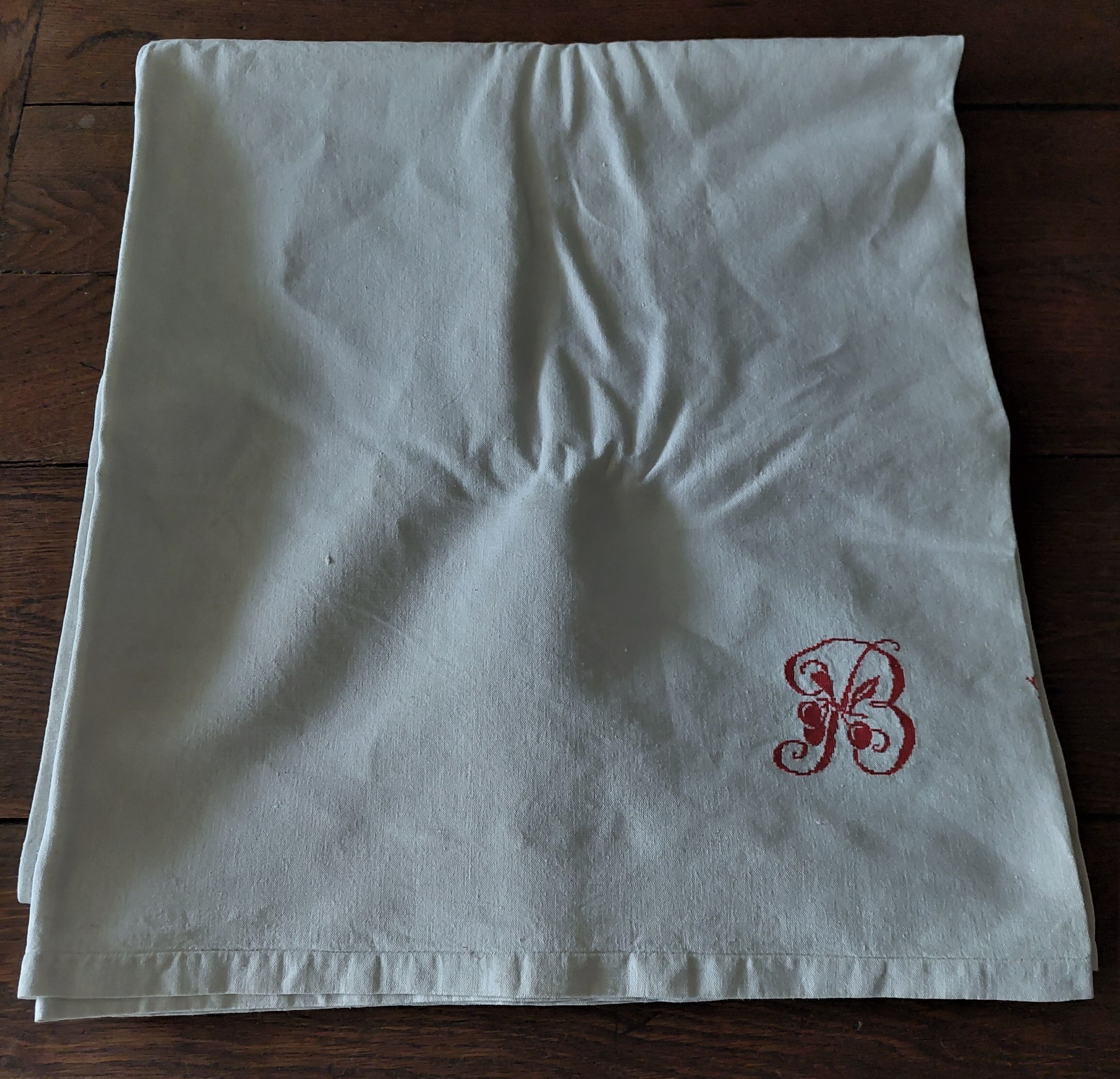 Old sheet embroidered monogram red, 205x230 cm