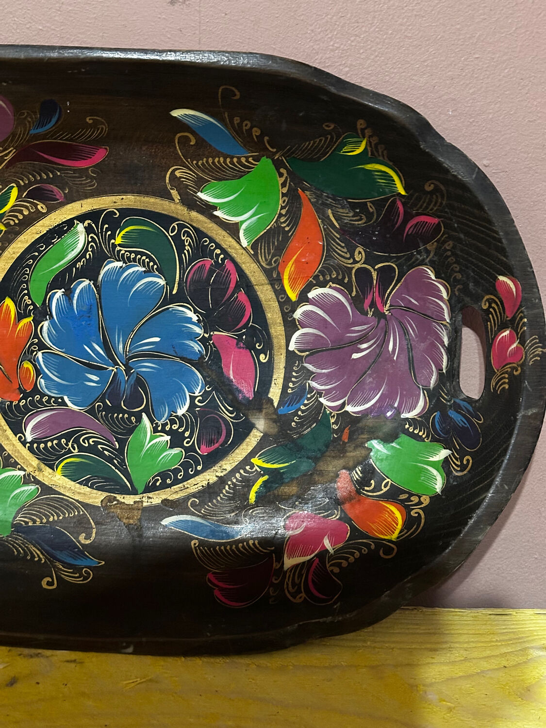 Mid-century hand-painted floral decorative tray / catchall 49 cm / 33 cm