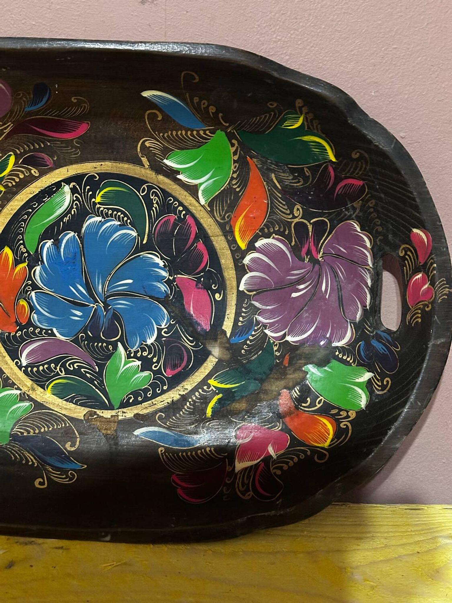 Mid-century hand-painted floral decorative tray / catchall 49 cm / 33 cm