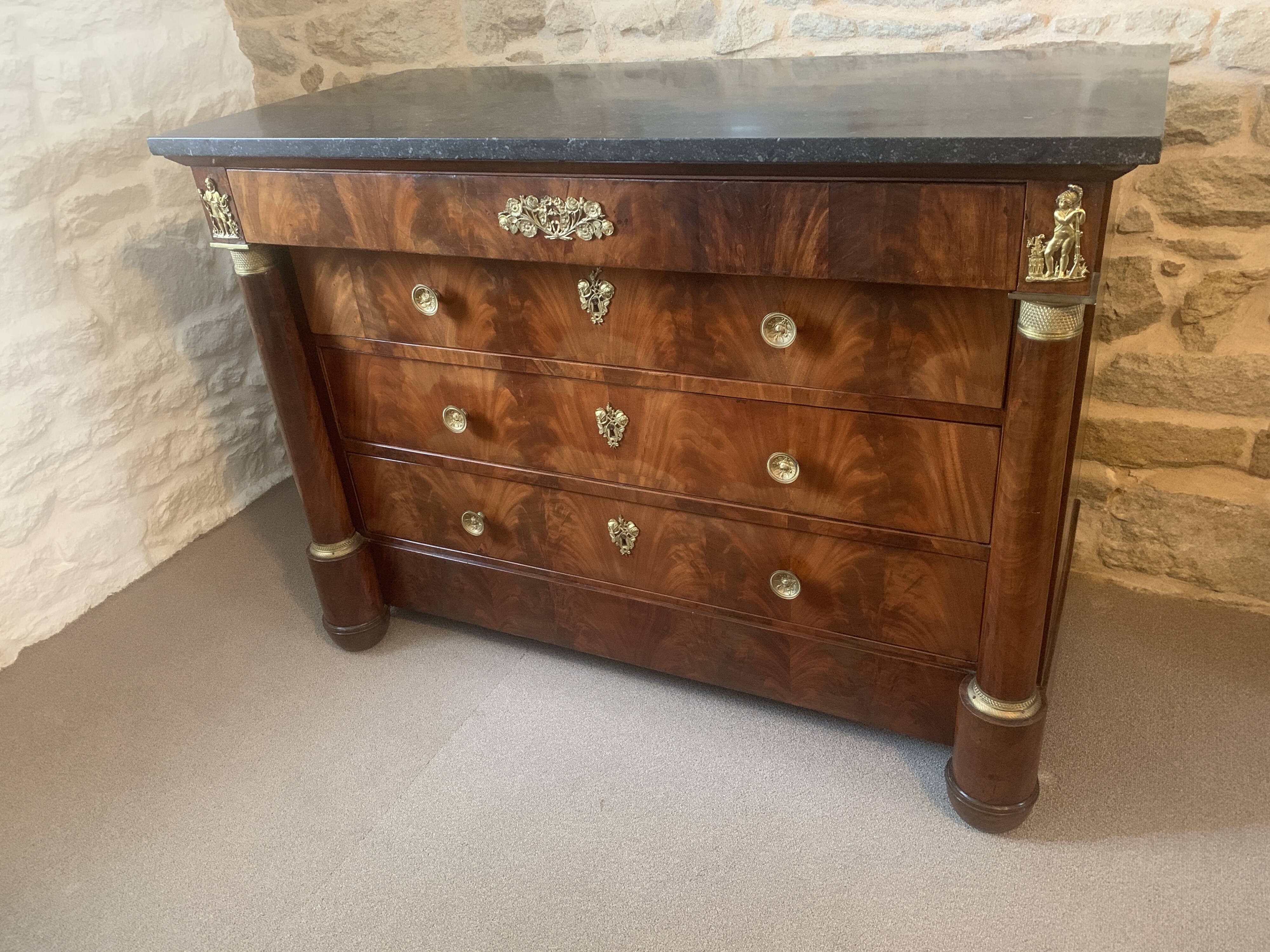 Empire chest of drawers with columns, 19th century mahogany
