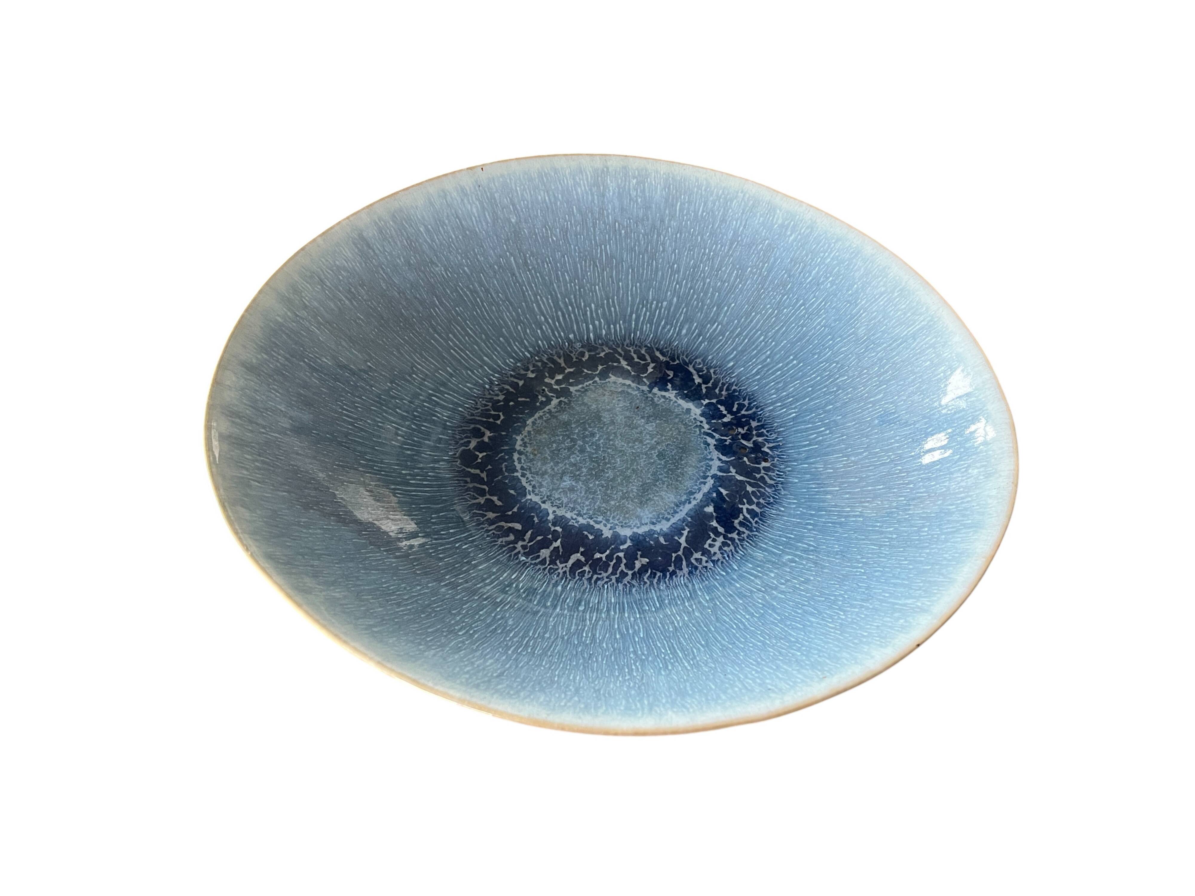 Large blue artisanal ceramic shallow dish from the 20th century.