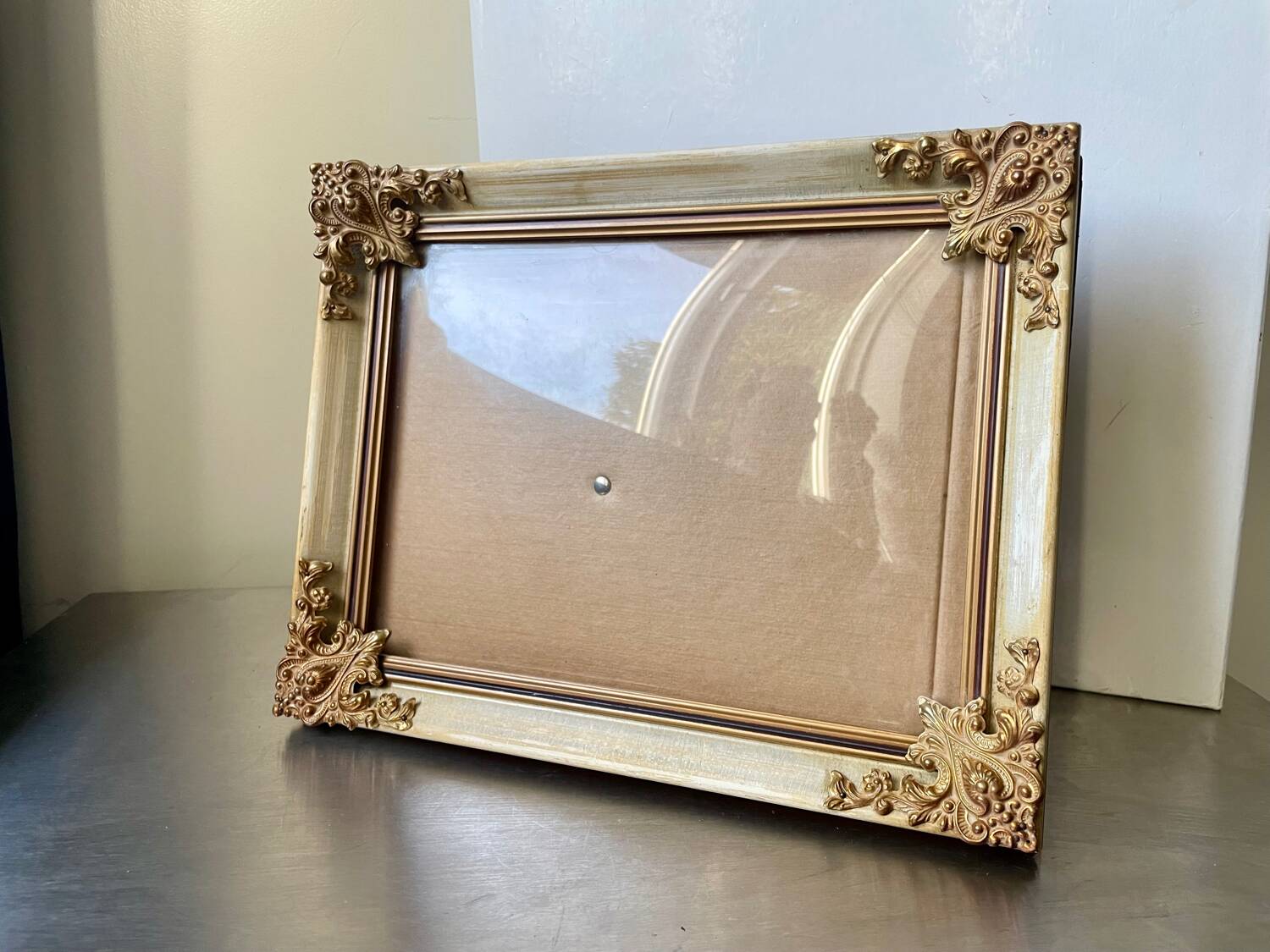 Antique wooden frame with metal gold colored details 28 cm x 22 cm convex glass