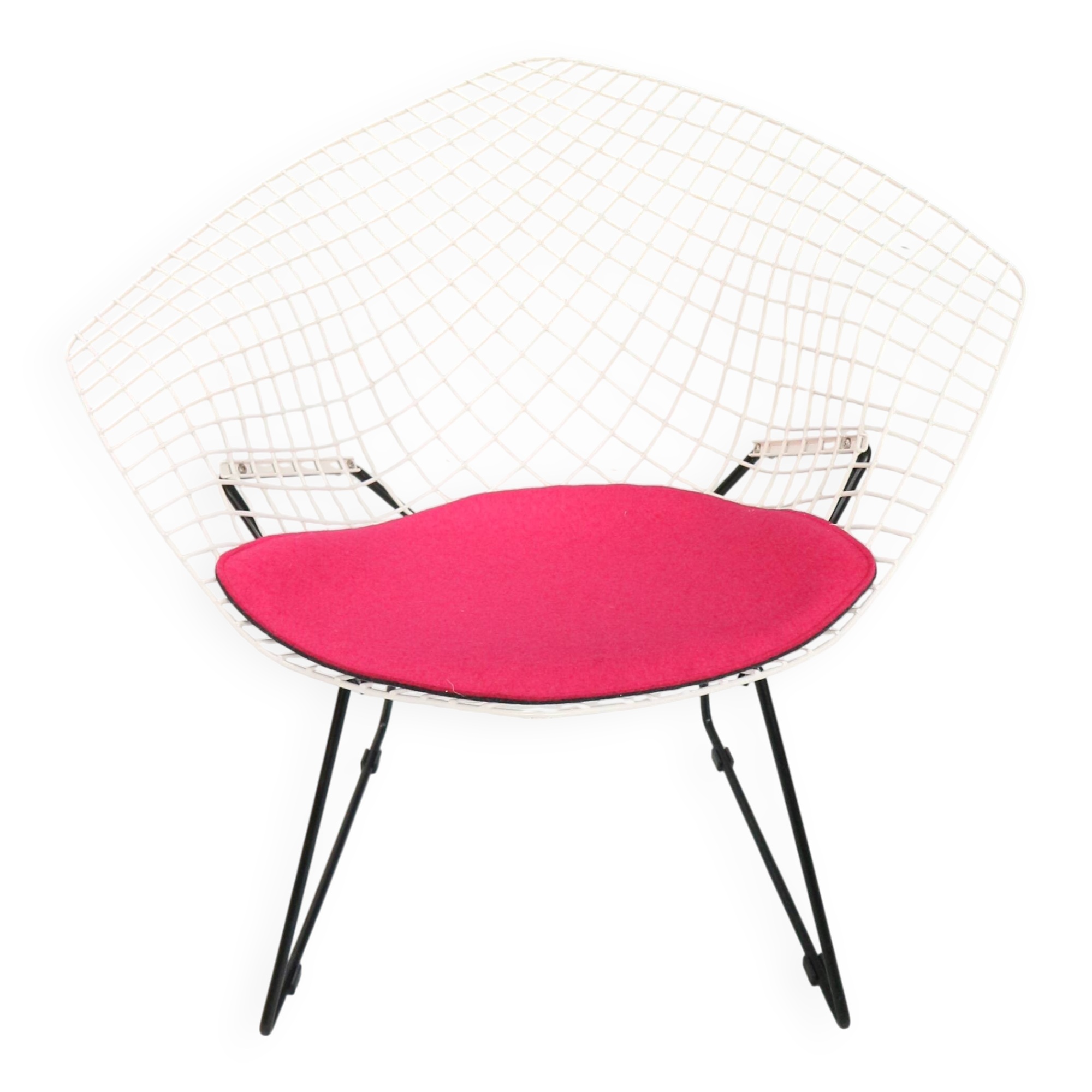 Diamond chair by Harry Bertoia in white & black metal and new seating 1960s