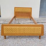 Vintage rattan and solid oak bed 1950s design