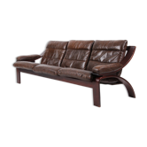 Vintage danish mid century  3 person sofa in brown leather 1970,s