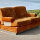 Orange suede leather and steel sofa. Circa 1970