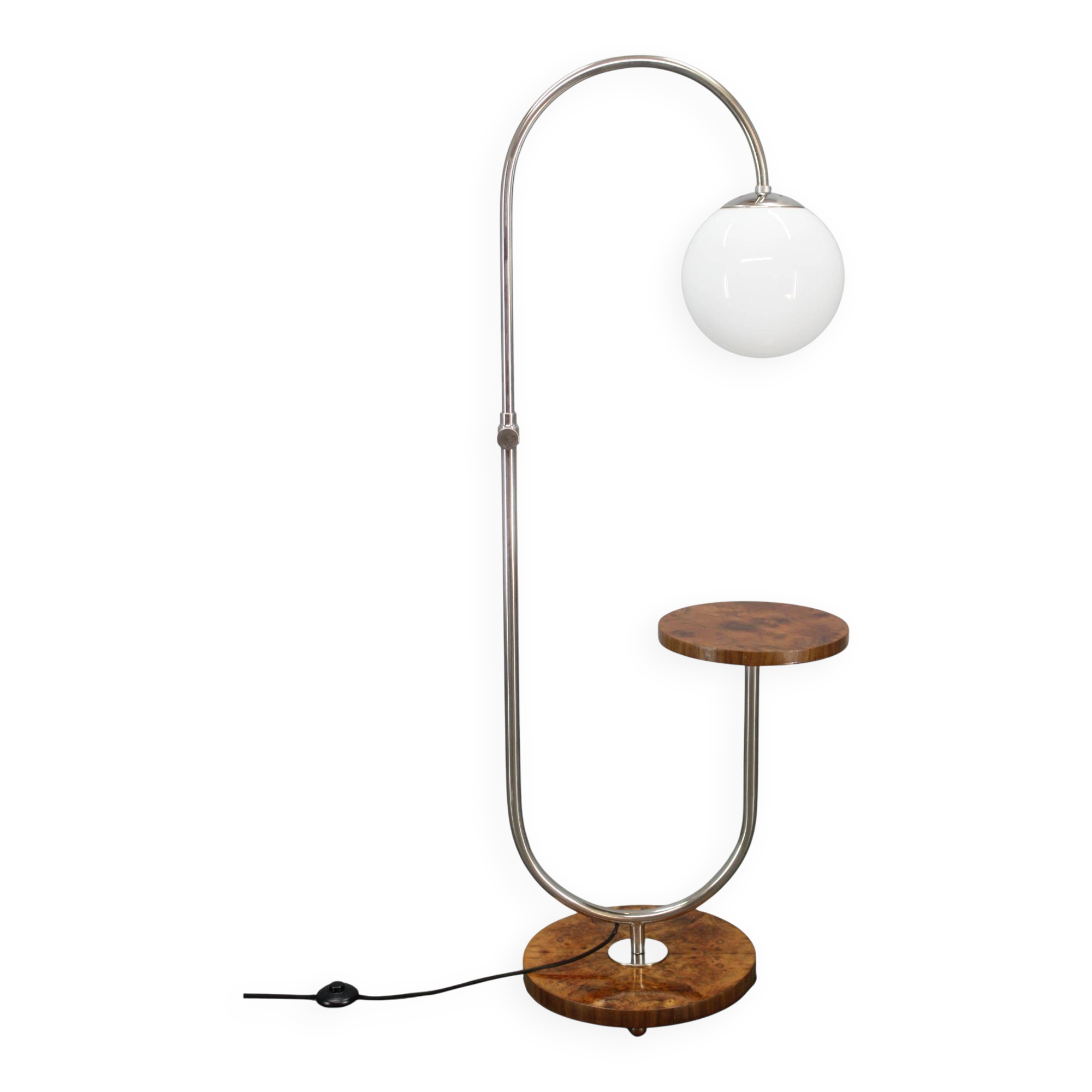 1930s Czechoslovak Art Deco chrome floor lamp with milk glass globe and table