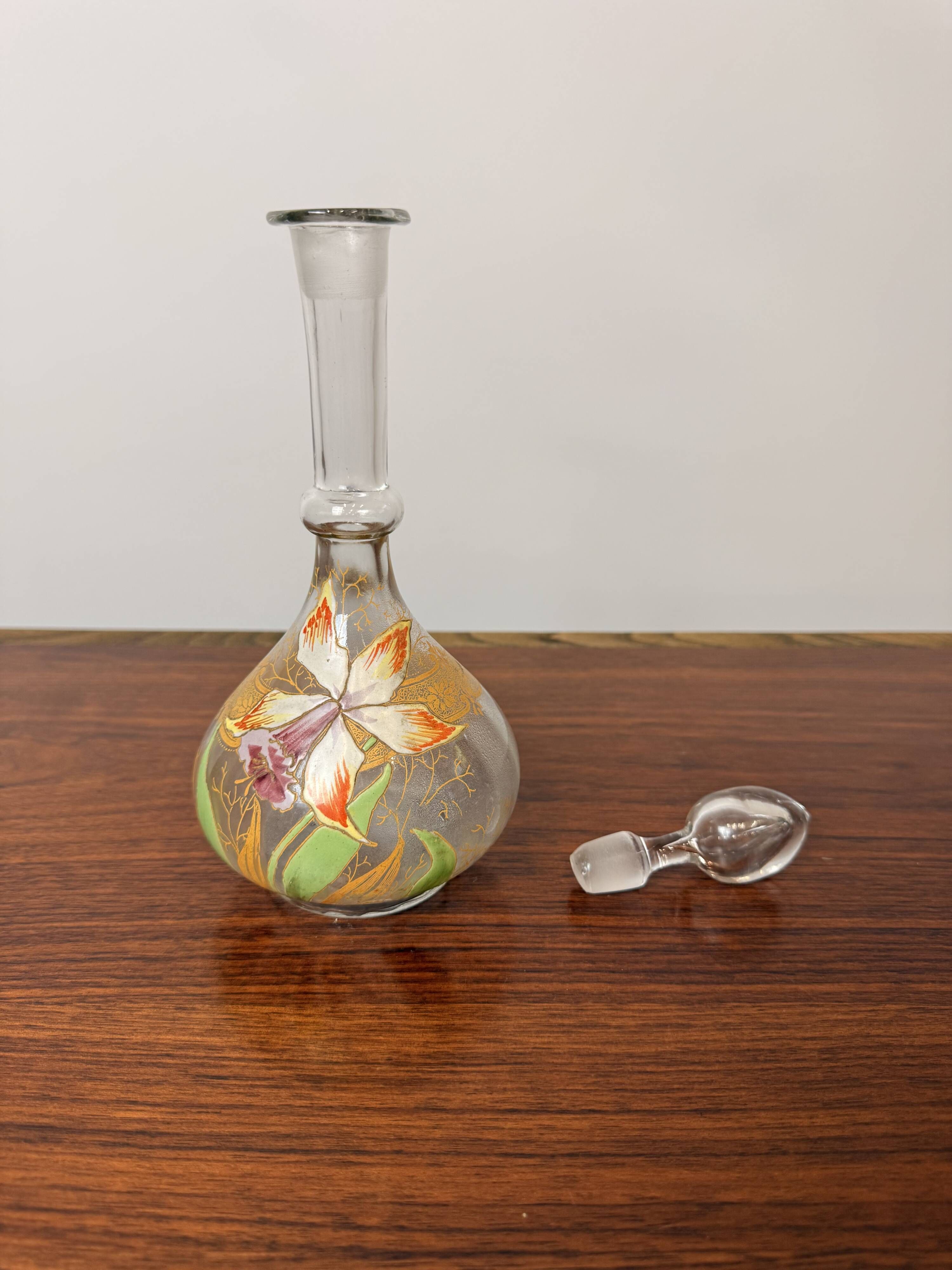 Antique Legras carafe – Enamelled glass with orchid decoration and gilding