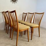 Lot of 6 old solid beech chairs, vintage design from the 60s, new fabric