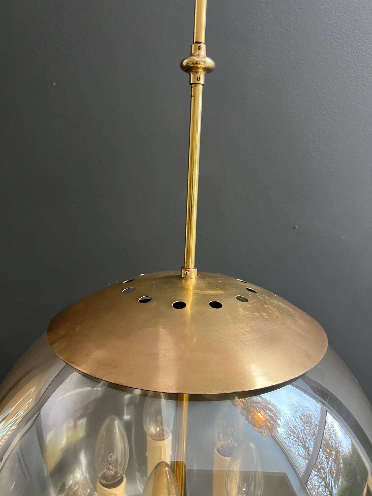 Smoked Glass and Brass Four-Light Suspension Pendant. French Work.