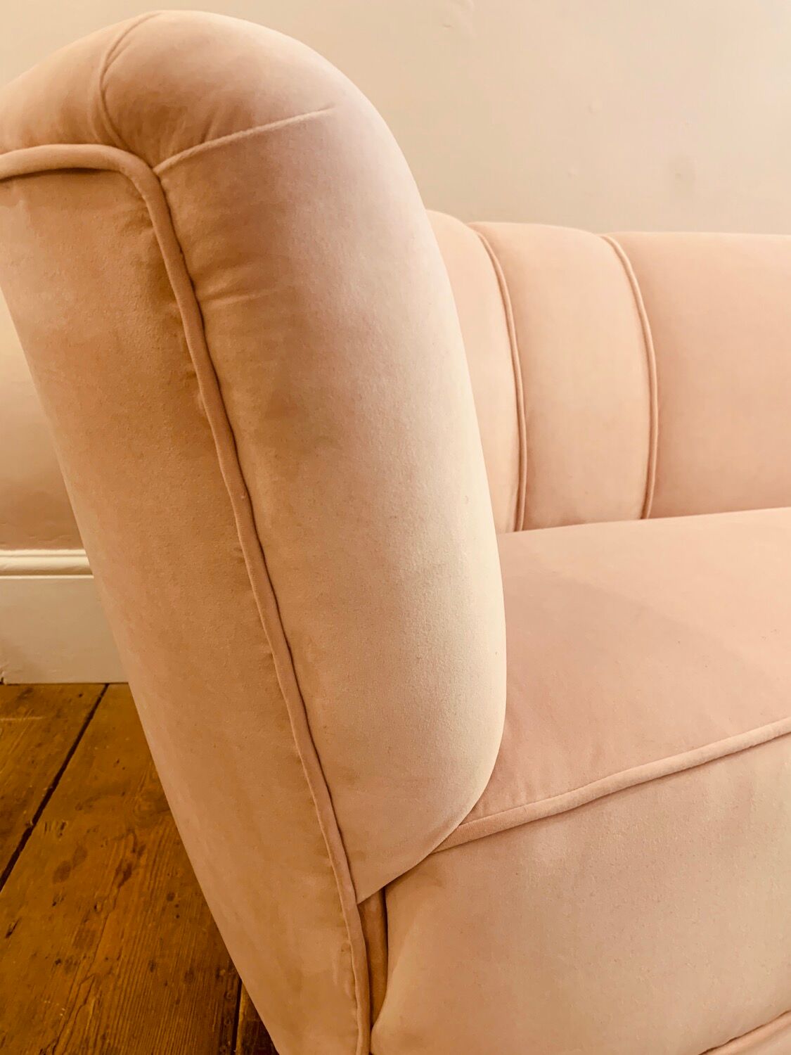 1940s Danish Banana Shaped Scalloped Sofa in Blush Pink