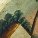 Peinture à l'huile ancienne Paysage avec bord de rivière animé, Italie 19ème siècle.