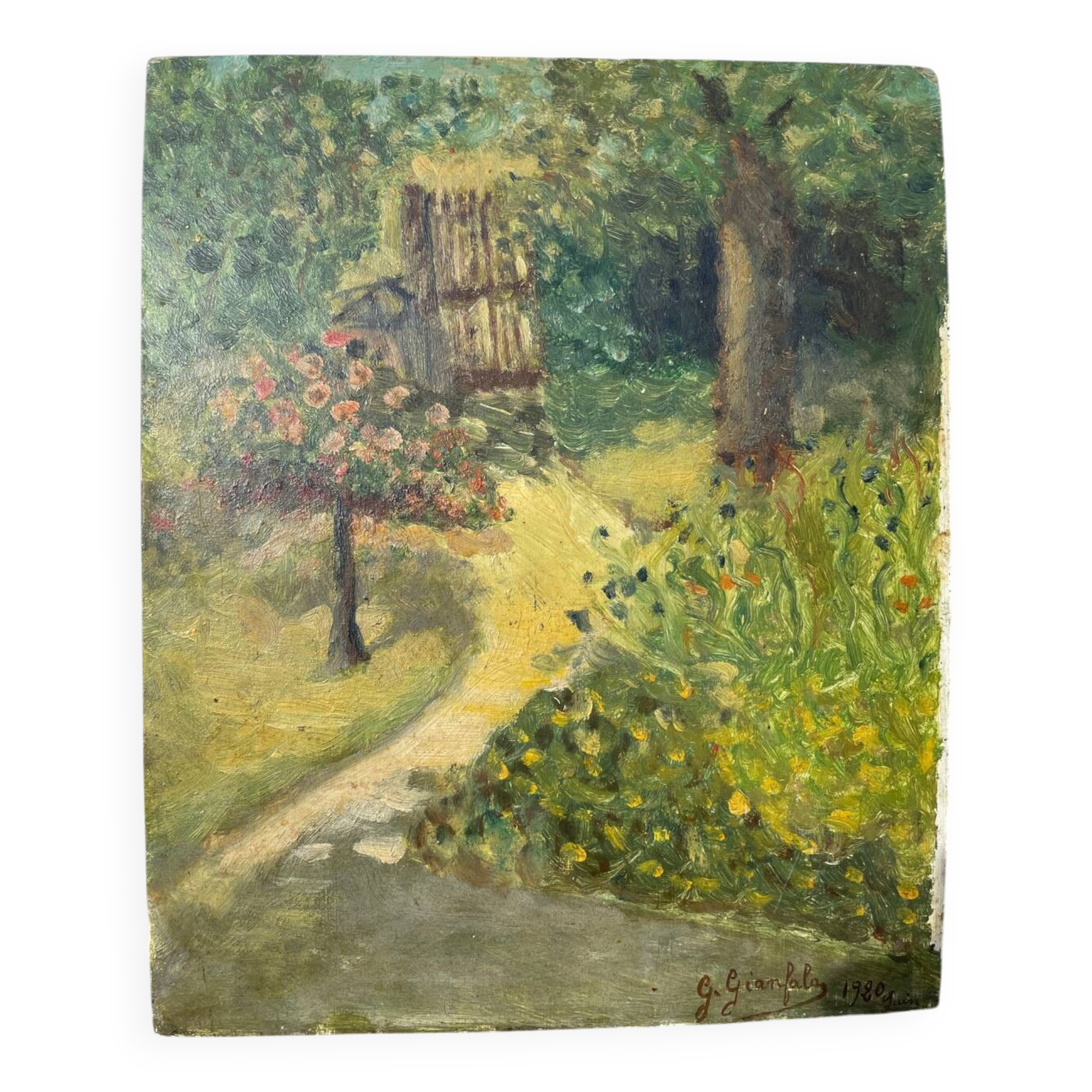 Paysage jardin à l’huile signé