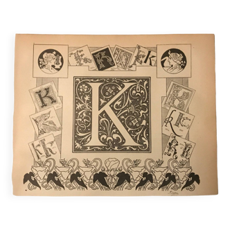 Lithographie gravure planche alphabet  lettre K